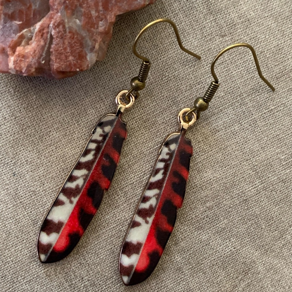 New Feather Earrings Red White Black Cardinal